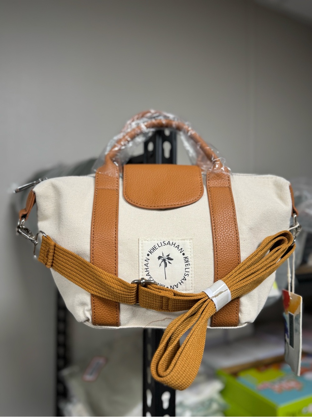 Canvas Satchel with Camel Leather Trim and Mustard Strap